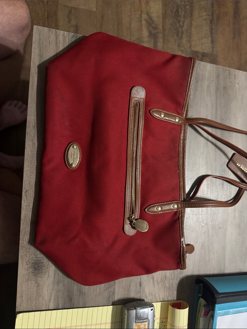 Coach Red Canvas Tote with Brown Leather Trim